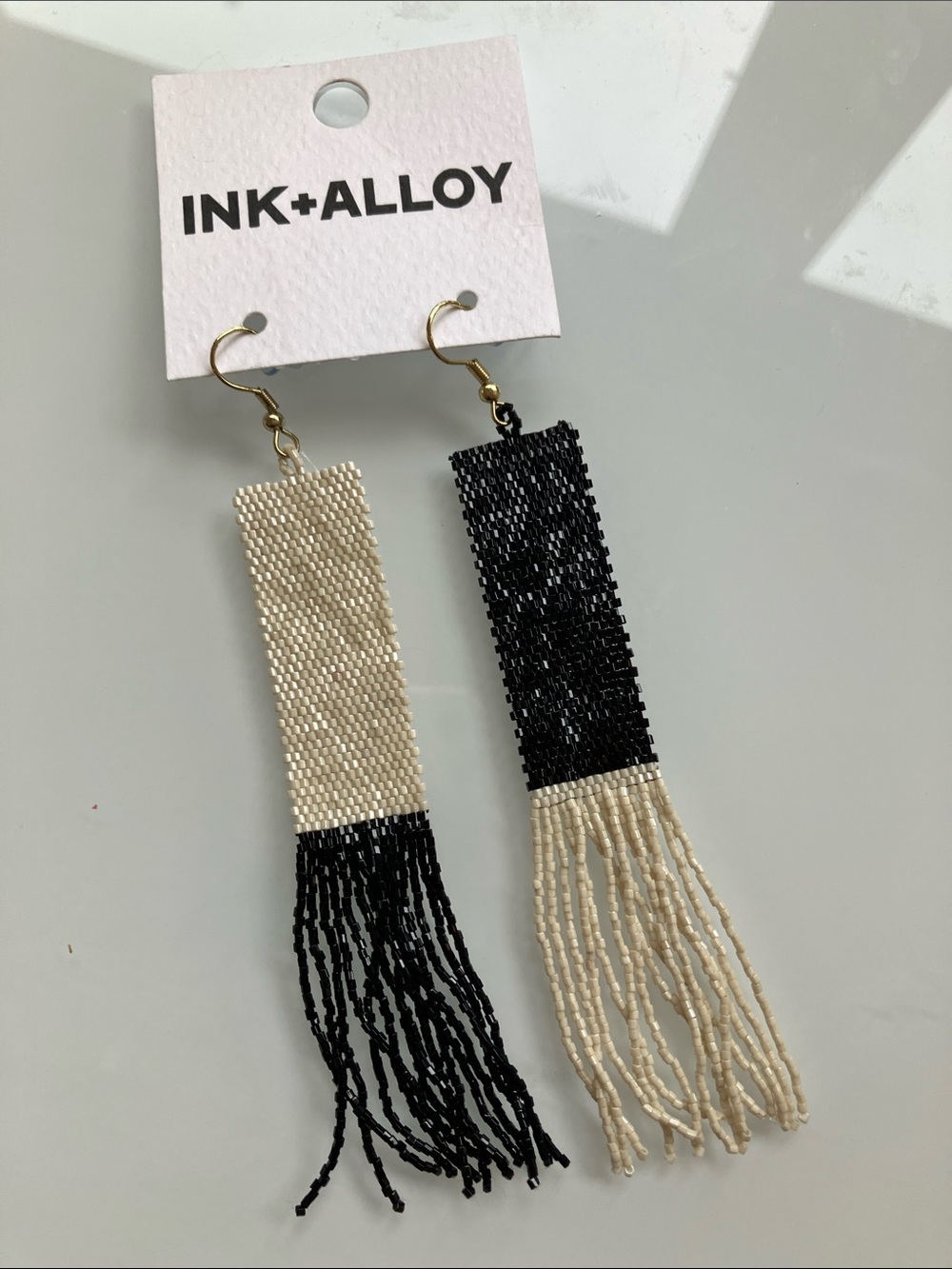 NWT Ink + Alloy Beaded Two-Tone Fringe Drop Earrings - Black & Cream